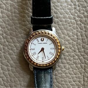 Vtg CHARLES JOURDAN STAINLESS STEEL QUARTZ ANALOG NAVY LEATHER BAND WATCH Women